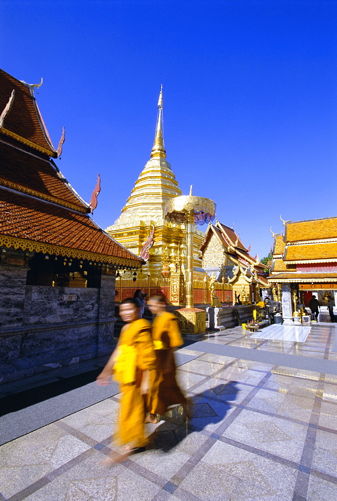 Buddhist monks at Wat Phra That Doi Suthep, Doi Suthep, Chiang Mai, northern Thailand, Asia