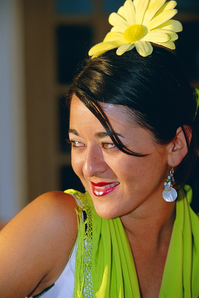 Portrait of a woman at the Romeria del Rocio festival, El Rocio, Andalucia (Andalusia), Spain, Europe