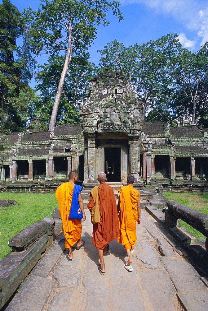 Buddhist monks walking towards Ta Prohm temple, Angkor, UNESCO World Heritage Site, Siem Reap, Cambodia, Indochina, Asia