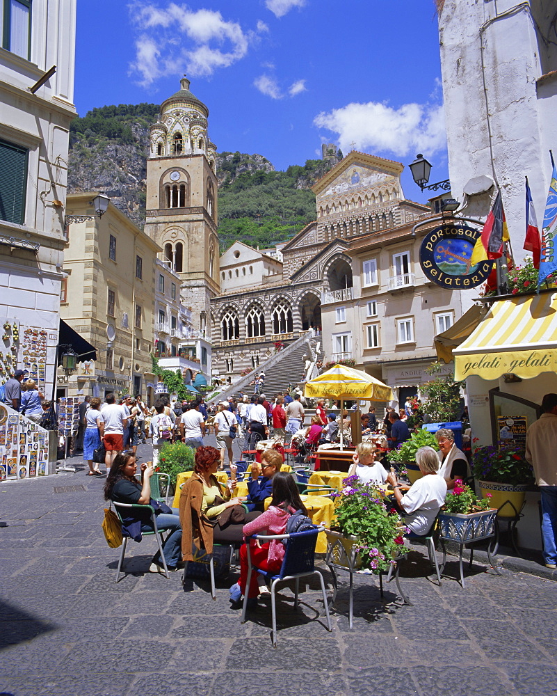 Cafes and cathedral, Amalfi, Amalfi Coast, Campania, Italy, Europe