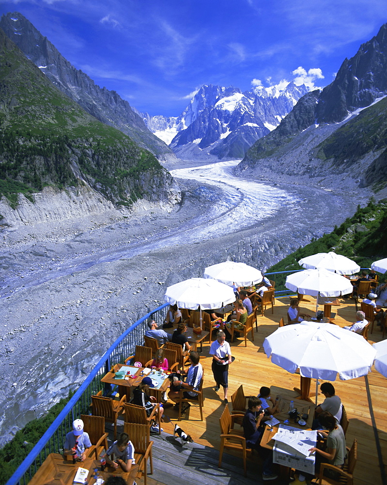 Cafe overlooking Glace de Mer glacier, Chamonix, French Alps, Rhone Alpes, France, Europe