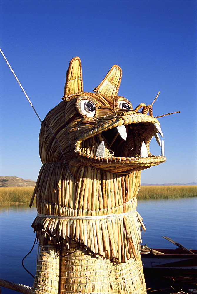 Detail of decoration on traditional reed boat, floating islands, Islas Flotantes, Lake Titicaca, Peru, South America