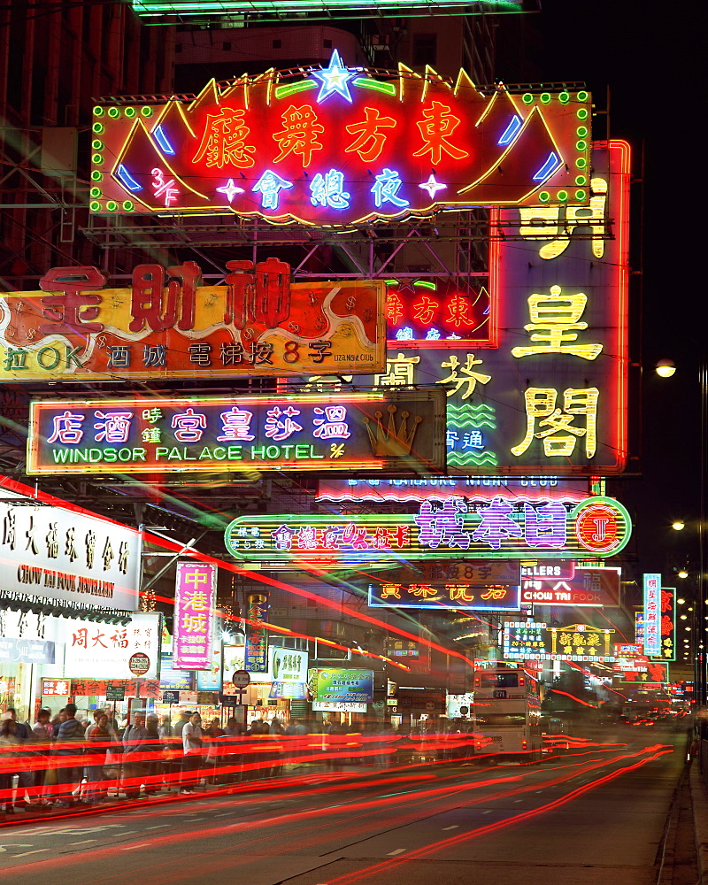 Neon lights at night on Nathan Road, Tsim Sha Tsui, Kowloon, Hong Kong, China, Asia