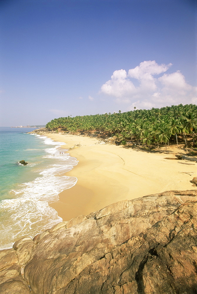 Beach and coconut palms, Kovalam, Kerala state, India, Asia