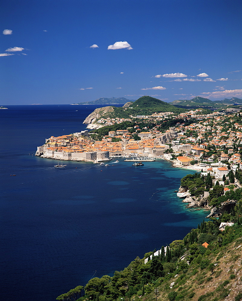 Elevated view along the coast to the city of Dubrovnik, Dalmatia, Dalmatian coast, Croatia, Europe