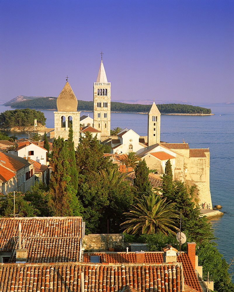 Elevated view of the medieval Rab Bell Towers and town, Rab Town, Rab Island, Dalmatia, Dalmatian coast, Croatia, Europe