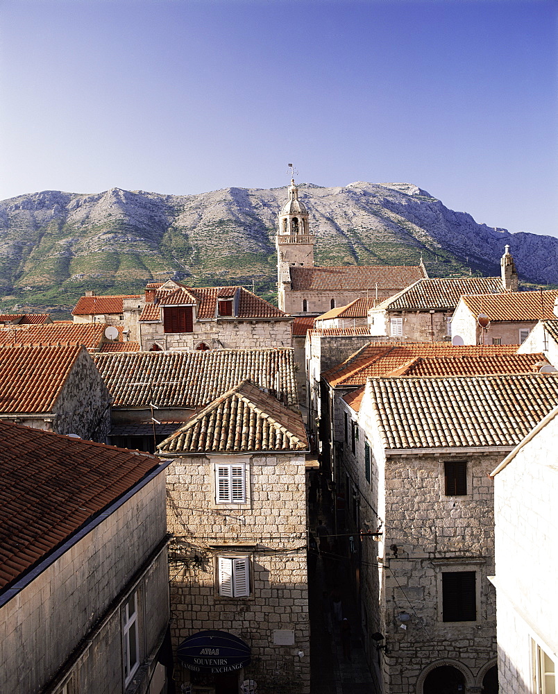 Elevated view of Korcula town looking across to the Peljesac Peninsula, Korcula Island, Dalmatia, Dalmatian coast, Croatia, Europe