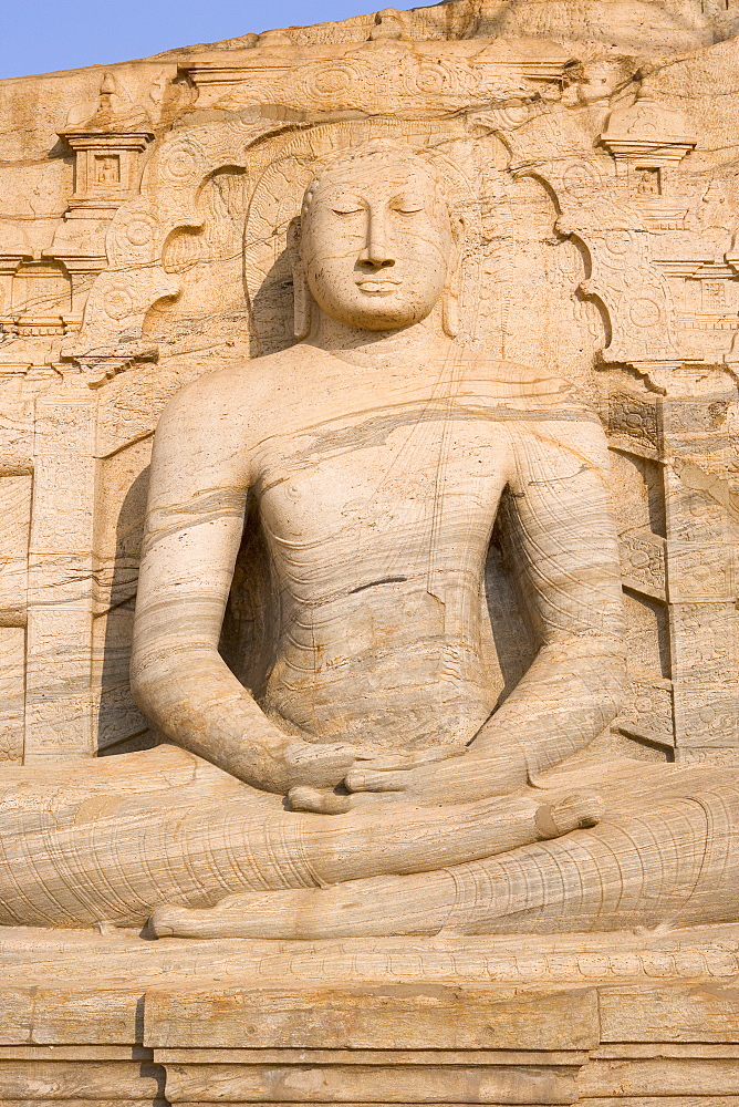 Rock carved granite image of the seated Buddha, Gal Vihara, Polonnaruwa (Polonnaruva), UNESCO World Heritage Site, Sri Lanka, Asia