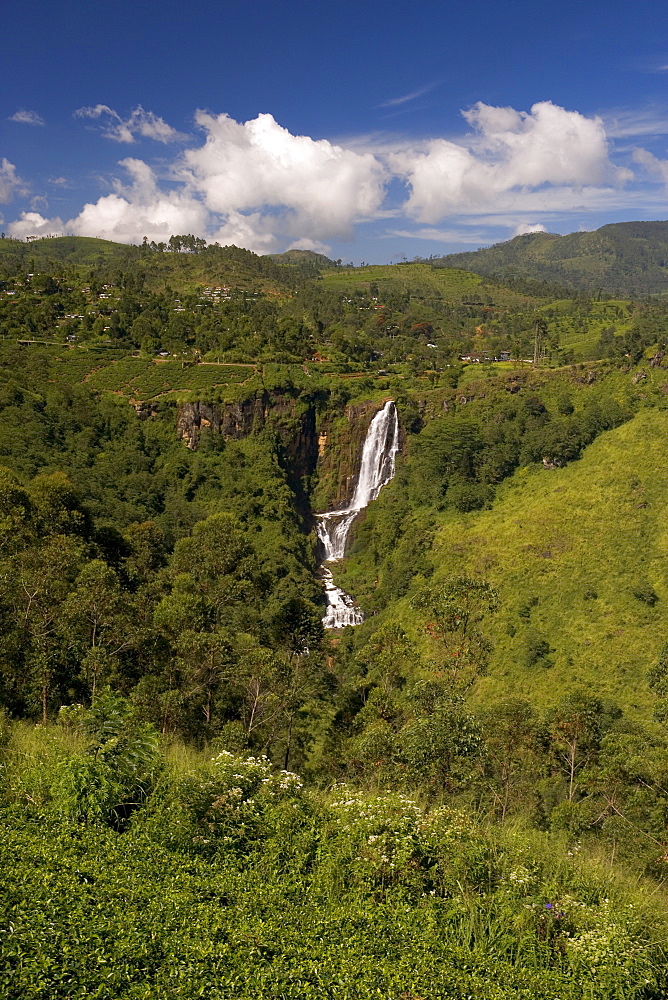 Lush highland countryside and waterfall in the Hill Country around Nuwara Eliya, Sri Lanka, Asia