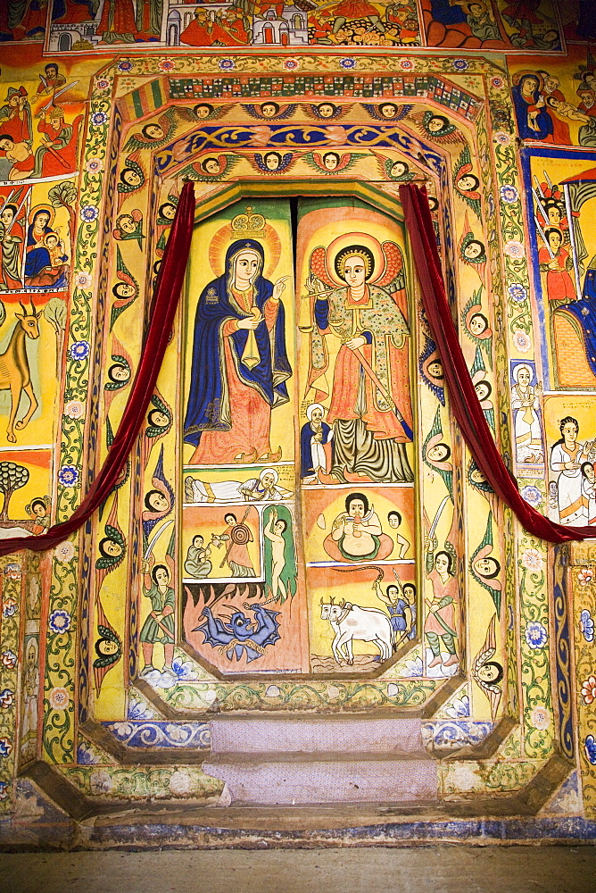 Murals in the beautifully painted Inner Sanctuary of the Christian Church of Ura Kedane Meheriet, Zege Peninsula, Lake Tana, Ethiopia, Africa