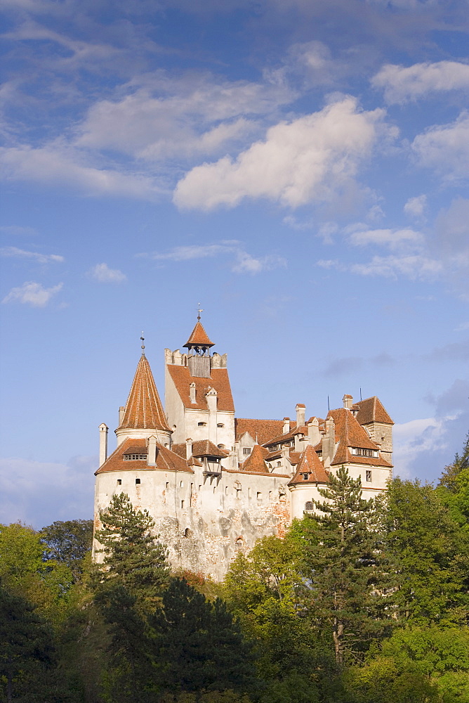 Bran Castle (Dracula's Castle) perched atop a 60m peak in the centre of the village, built by Saxons from Brasov in 1382, Bran, Prahova Valley, Saxon Land, Transylvania, Romania, Europe