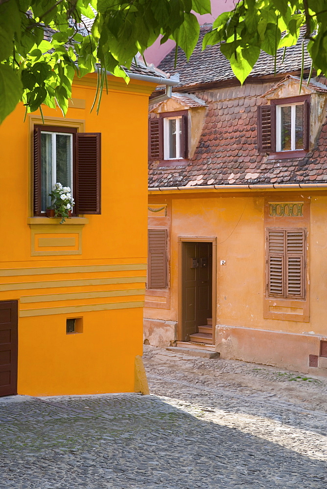 Cobbled streets lined with colourfully painted 16th century burgher houses in the medieval citadel, Sighisoara, UNESCO World Heritage Site, Transylvania, Romania, Europe