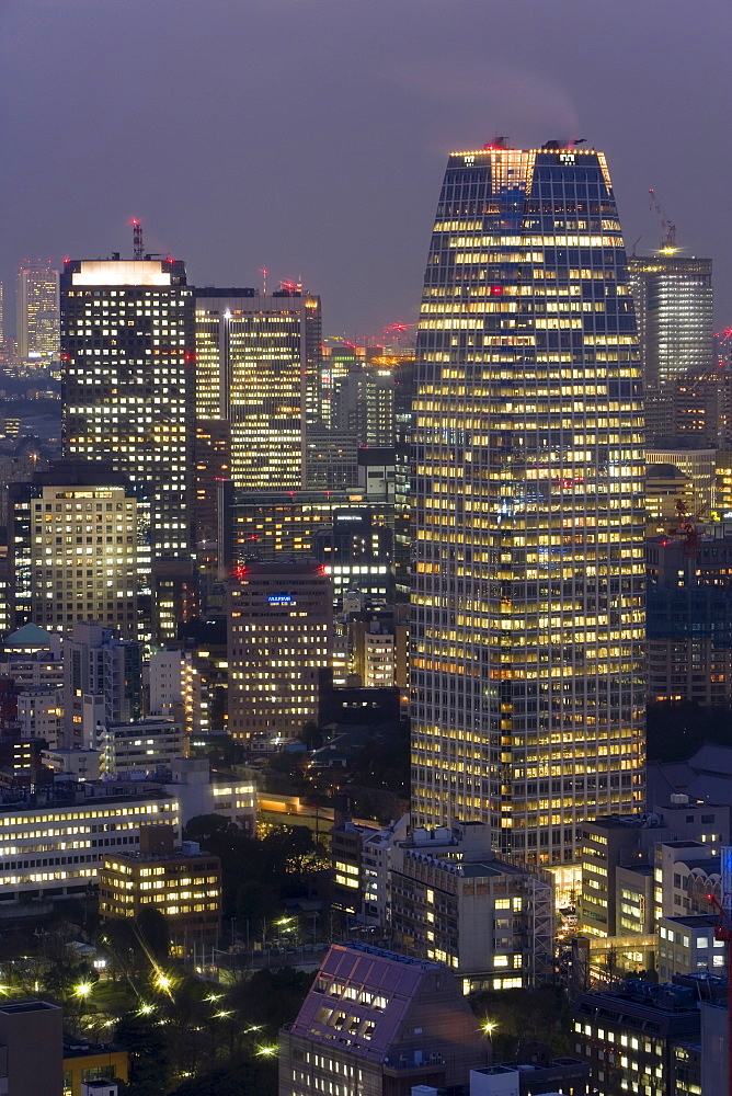 Central Tokyo skyscrapers illuminated at night, Tokyo, Honshu, Japan, Asia