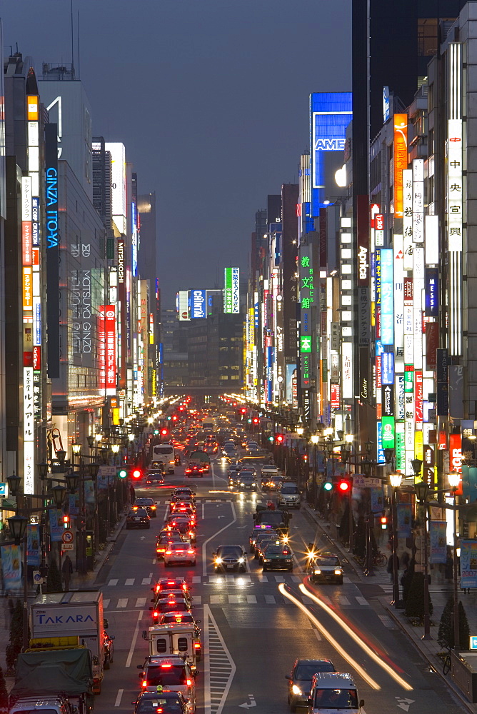 Chuo-dori, elevated view at dusk along Tokyo's most exclusive shopping street, Ginza, Tokyo, Honshu, Japan, Asia