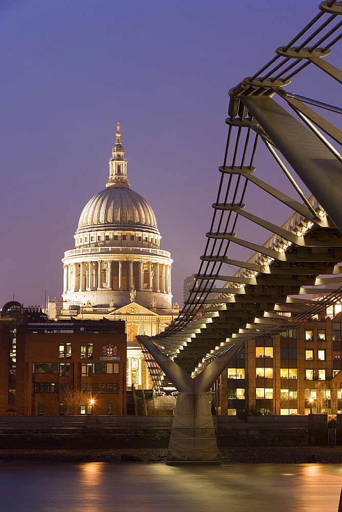 Millennium Bridge and St. Pauls Cathedral, illuminated at dusk, London, England, United Kingdom, Europe