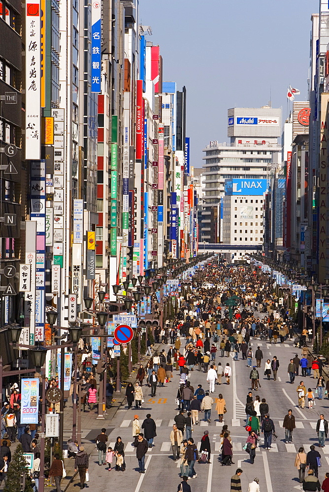 Elevated view along Chuo-dori, the most fashionable shopping street in Tokyo, Ginza, Tokyo, Honshu, Japan, Asia