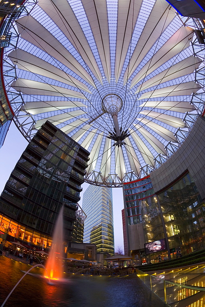 Interior of the Sony Center illuminated at night, Potsdamer Platz, Berlin, Germany, Europe