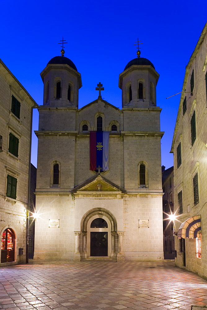 St. Nicholas Serbian Orthodox church illuminated at dusk, Old Town, UNESCO World Heritage Site, Kotor, Montenegro, Europe