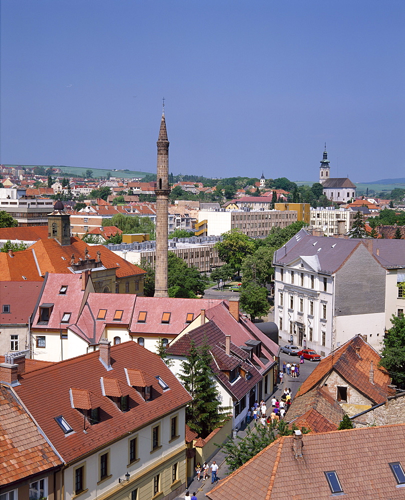 Houses, the Turkish minaret, and churches in the town of Eger, Hungary 