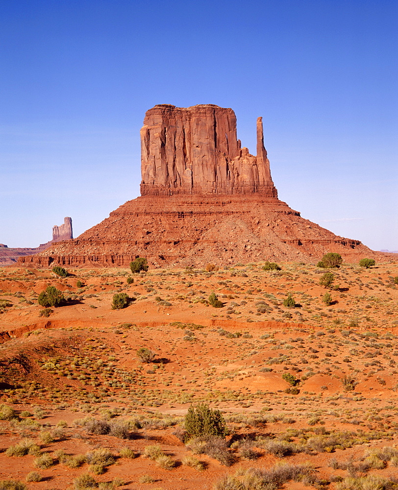 Rock formations known as The Mittens on the Navajo Tribal Reservation in Monument Valley, on the Utah Arizona border, USA 