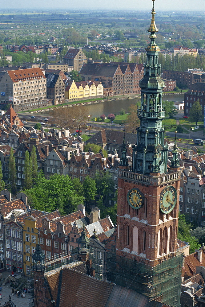 Clock tower and city centre from a high view point in Gdansk, Poland, Europe