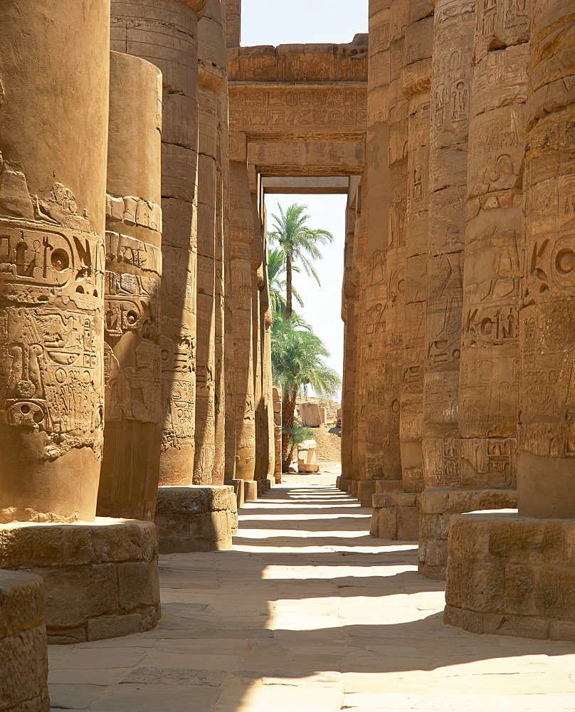 Columns with hieroglyphs in the Great Hypostyle Hall, Temple of Karnak, Thebes, UNESCO World Heritage Site, Egypt, North Africa, Africa