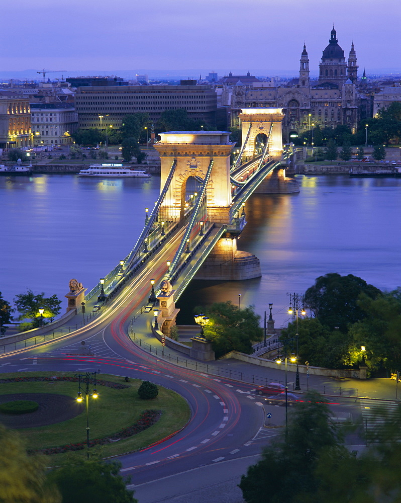 Chain Bridge over the River Danube and St. Stephens Basilica, Budapest, Hungary, Europe