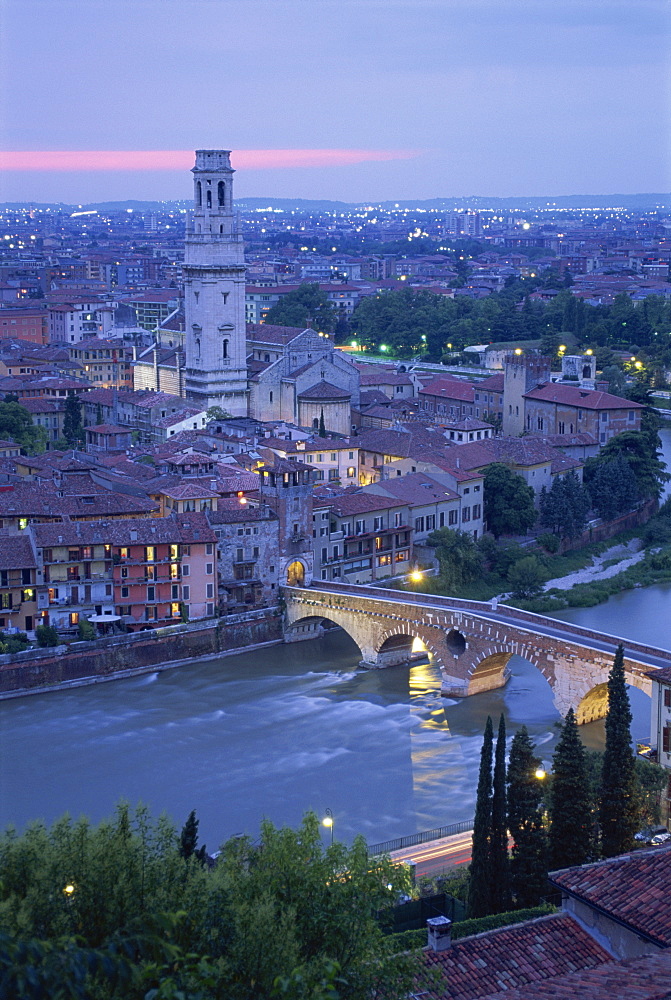 The Ponte Pietra and Anastasia Cathedral at dusk from the Museo Archeologico in the town of Verona, Veneto, Italy, Europe