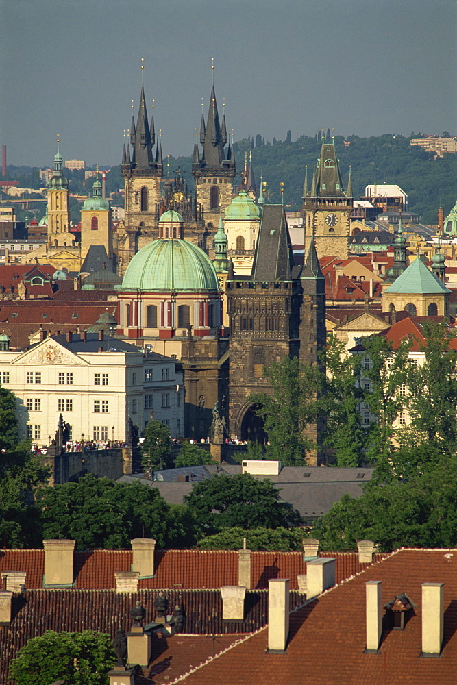 Skyline of the Stare Mesto district including Tyn Church, Charles Bridge and Town Hall in the city of Prague, Czech Republic, Europe