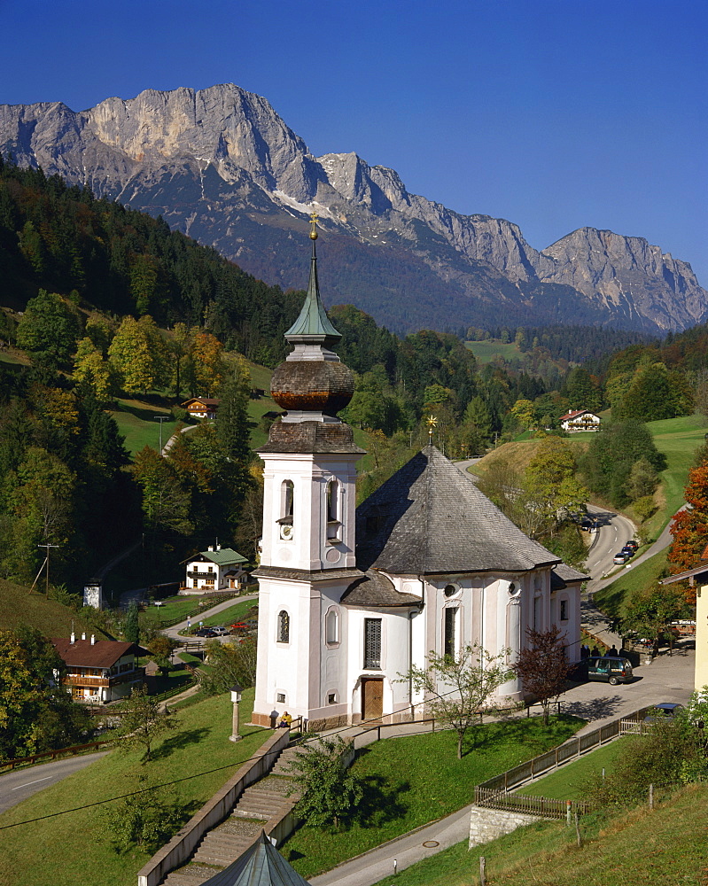 The Maria Gern church and village of Untersburg in the mountains of Bavaria, Germany, Europe