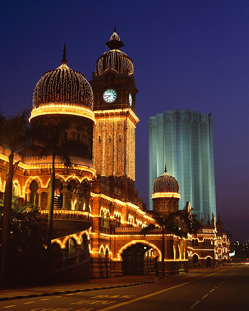 Buildings in Merdaka Square illuminated at night, with Sultan Abdul Samad Building dating from 1894, Kuala Lumpur, Malaysia, Asia