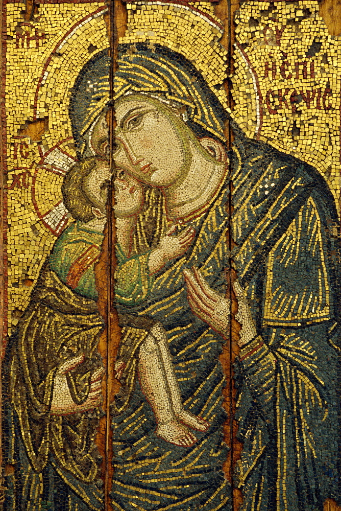 A 14th century icon of the Virgin Episkepis, in the Byzantine Museum in Athens, Greece, Europe