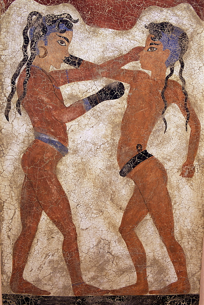 Fresco of children boxing from Akrotiri, dating from around 1600 BC, island of Santorini (Thira), Cyclades, Greece, Europe