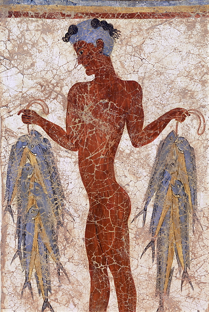 Fresco of a fisherman from Akrotiri, dating from around 1600 BC, island of Santorini (Thira), Cyclades, Greece, Europe