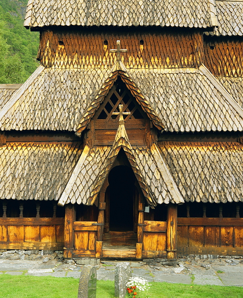 Best preserved 12th century stave church in Norway, Borgund, Western Fjords, Norway, Scandinavia, Europe