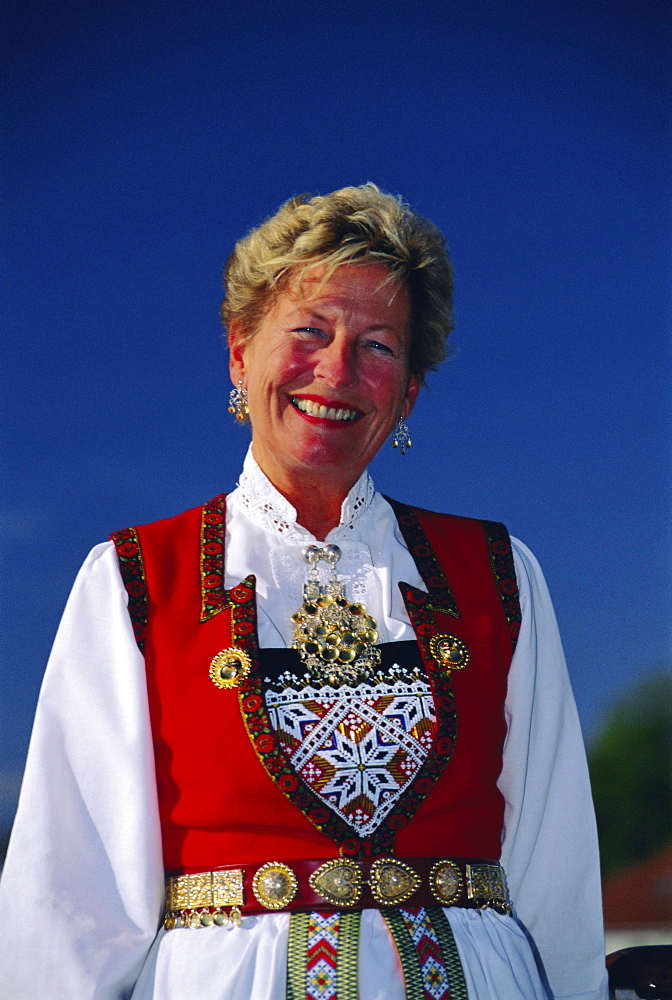 Portrait of a woman in national dress on Norwegian National Day (17th May), Oslo, Norway, Scandinavia, Europe