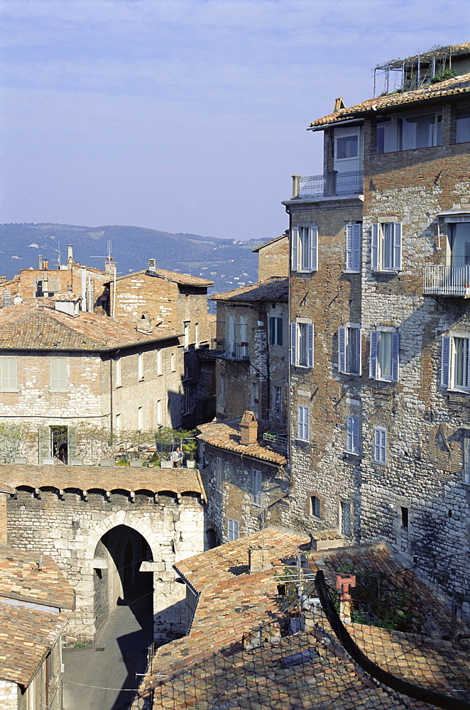 Mandorla Gate and buildings of the town, Perugia, Umbria, Italy, Europe