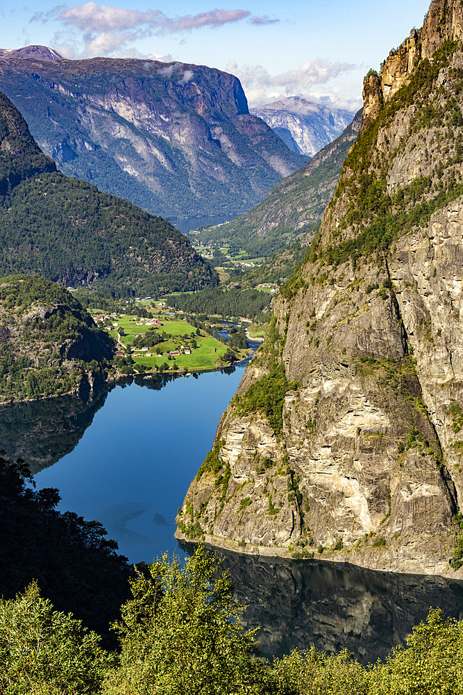 Aurlandsdalen, with Vassbygdi lake, and Aurlandsfjord in the distance, part of Sognefjord, Norway, Scandinavia, Europe