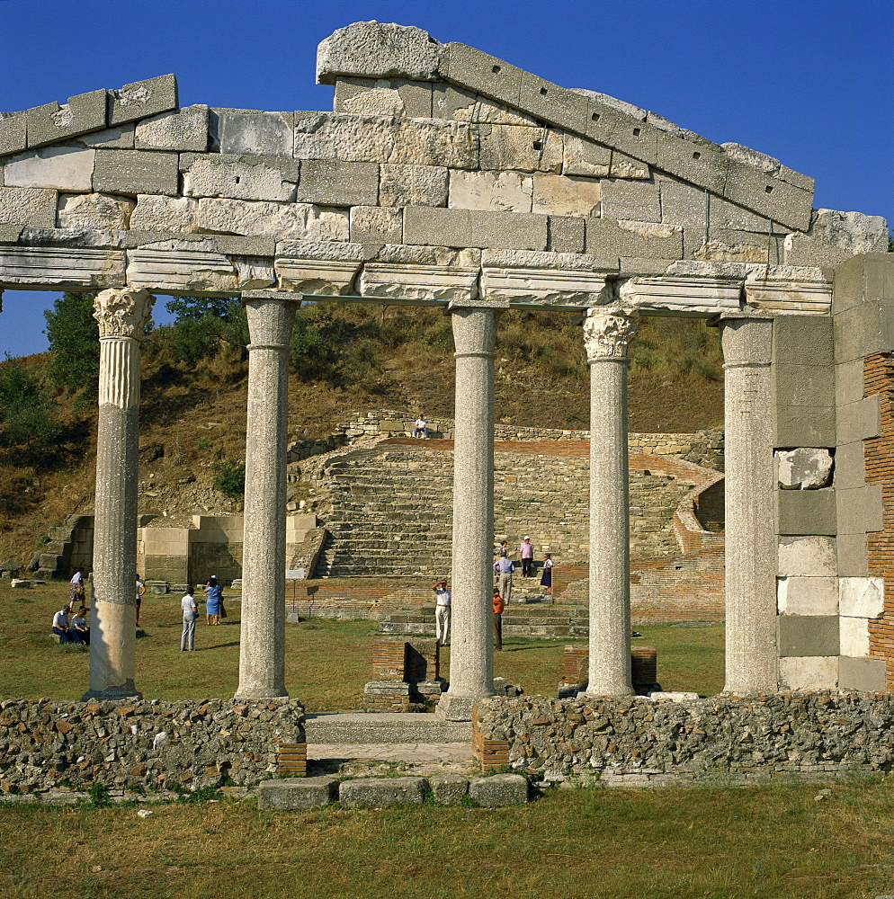 Tourists amid the ruins of the Roman city at Apollonia, Albania, Europe