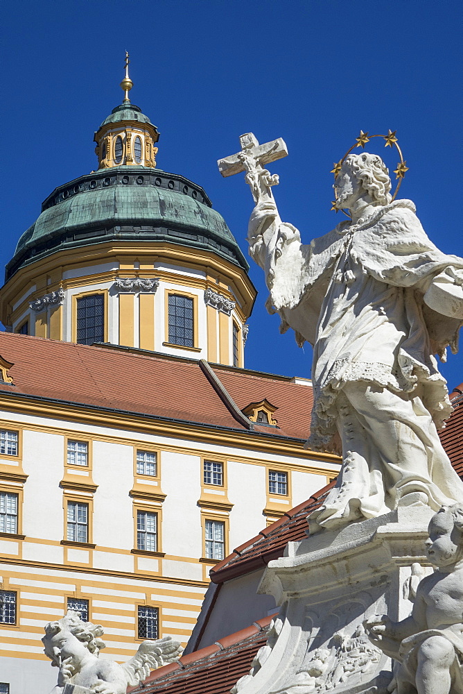 Johannes Nepomuk statue and Monastery, Melk, UNESCO World Heritage Site, Lower Austria, Austria, Europe