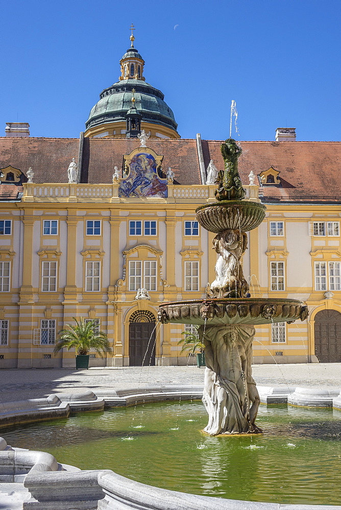 Fountain in courtyard of Abbey, Melk, UNESCO World Heritage Site, Lower Austria, Austria, Europe