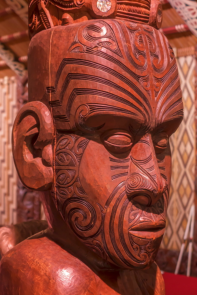 Carving in Maori Meeting House, Waitangi, Bay of Islands, North Island, New Zealand, Pacific