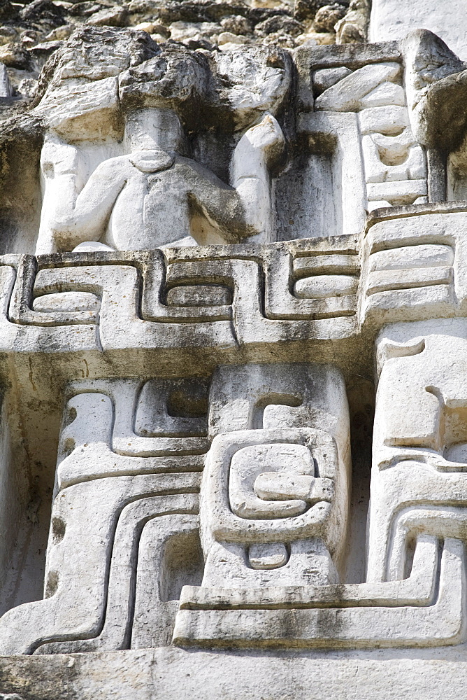 Frieze on the 130ft high El Castillo at the Mayan ruins at Xunantunich, San Ignacio, Belize, Central America