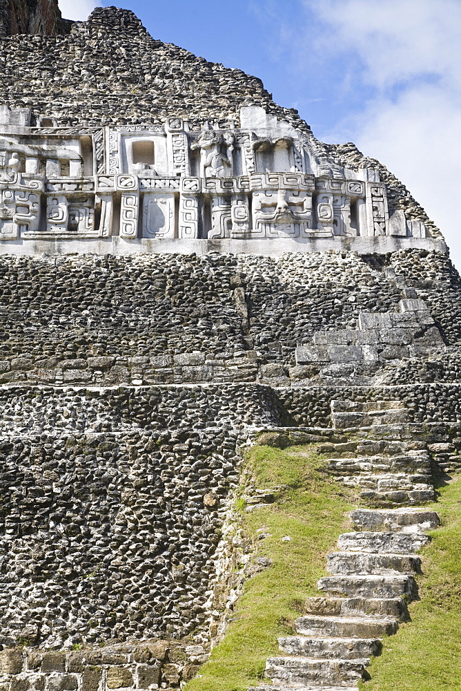 Frieze and steps up to the 130ft high El Castillo, Mayan site, Xunantunich, San Ignacio, Belize, Central America