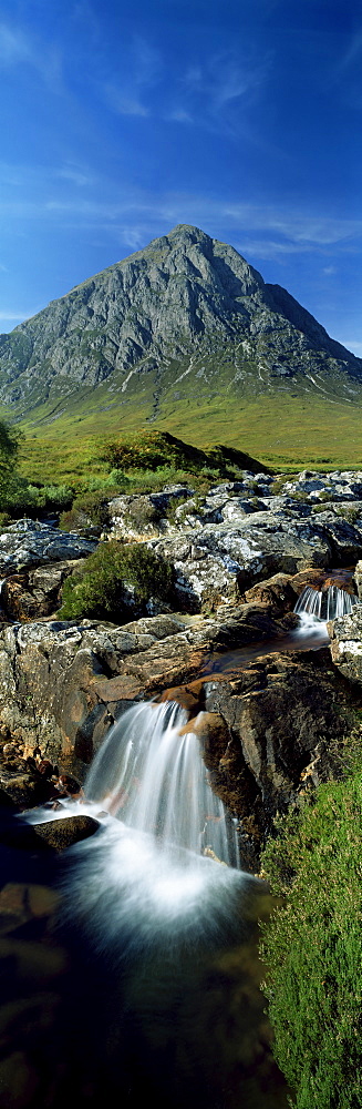 Waterfall on the River Coupall with Buachaille Etive Mor in background, Glen Etive, Rannoch Moor, near Glencoe, Western Highlands, Scotland, United Kingdom, Europe