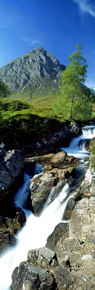 Waterfall on the River Coupall with Buachaille Etive Mor in background, Glen Etive, Rannoch Moor, near Glencoe, Western Highlands, Scotland, United Kingdom, Europe