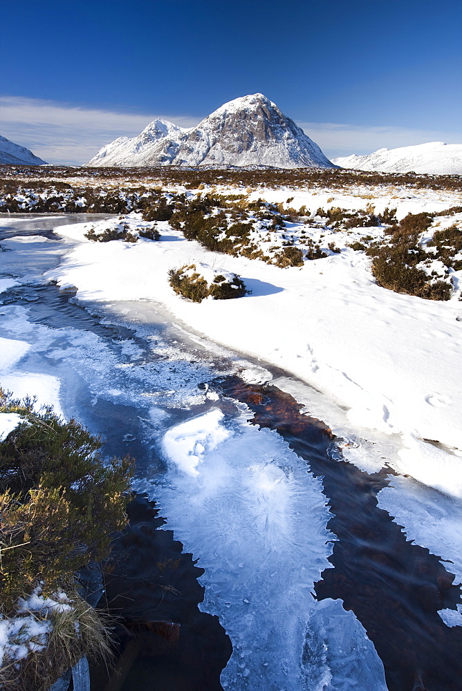 View across snow-covered Rannoch Moor to Buachaille Etive Mor, Highland, Scotland, United Kingdom, Europe