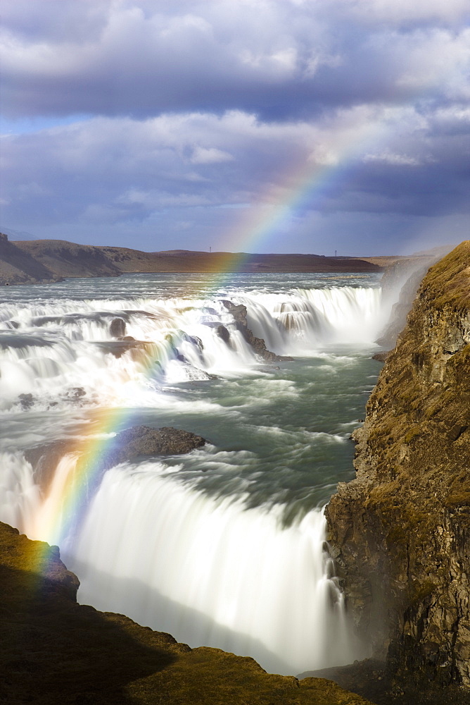 Gullfoss, Europe's biggest waterfall, with rainbow created by spray from the falls, near Reykjavik, Iceland, Polar Regions