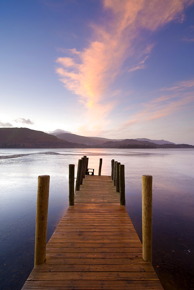 Jetty and Derwentwater at sunset, near Keswick, Lake District National Park, Cumbria, England, United Kingdom, Europe