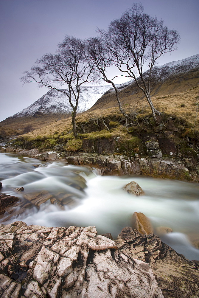 River Etive flowing through a narrow granite gorge, Glen Etive, Highland, Scotland, United Kingdom, Europe